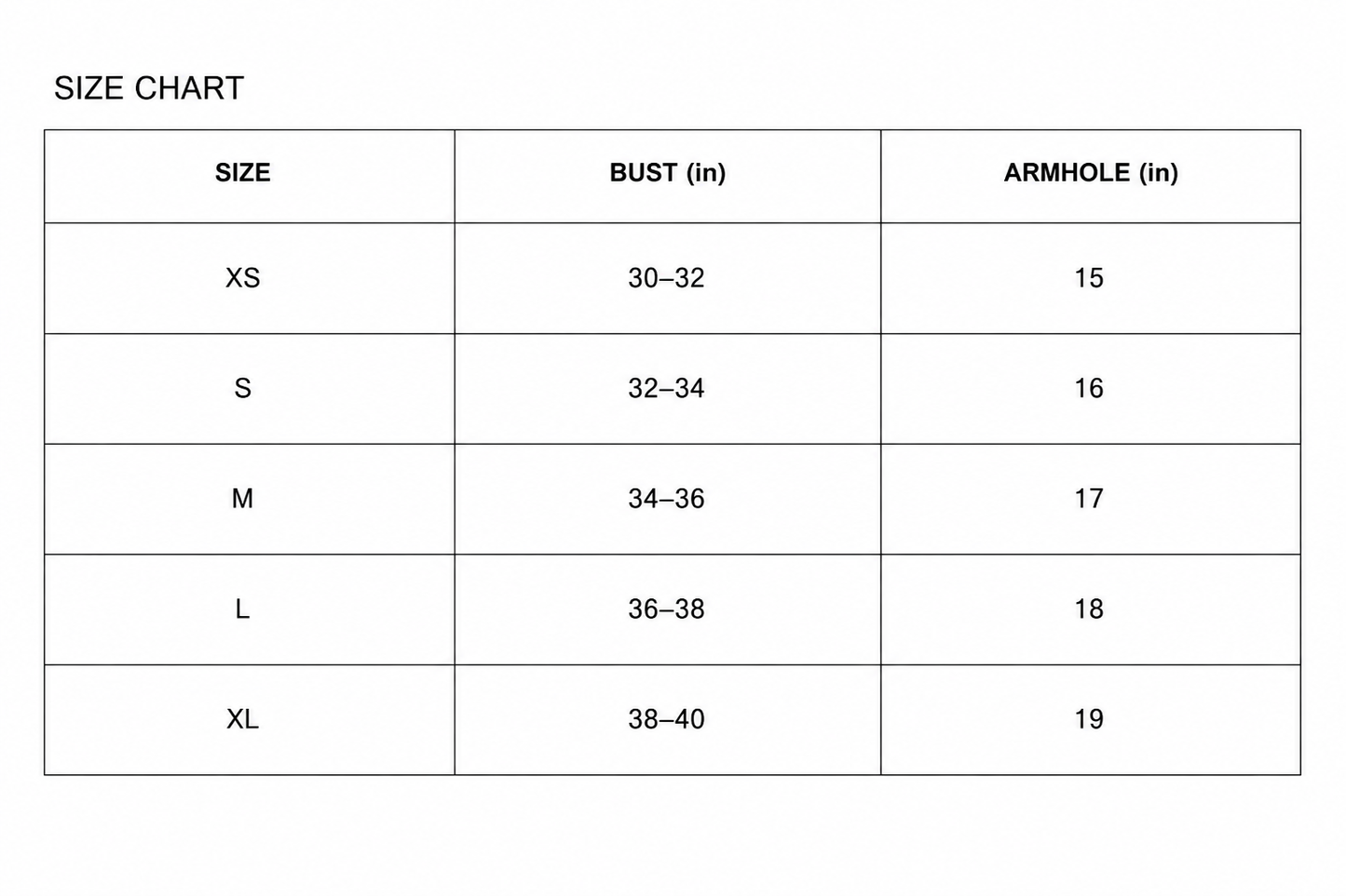 Size chart for clothing with bust and armhole measurements in inches.