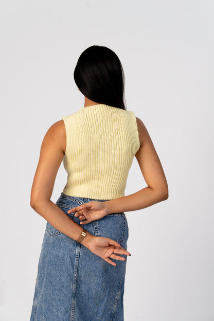 Back view of butter yellow crochet tank top