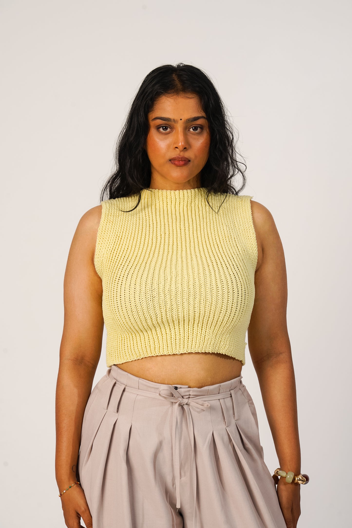 Front view of handmade butter yellow Ease Tank
