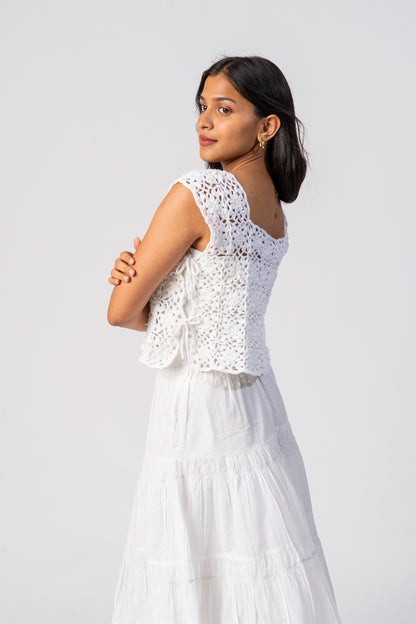 Side profile of handmade crochet cover up
