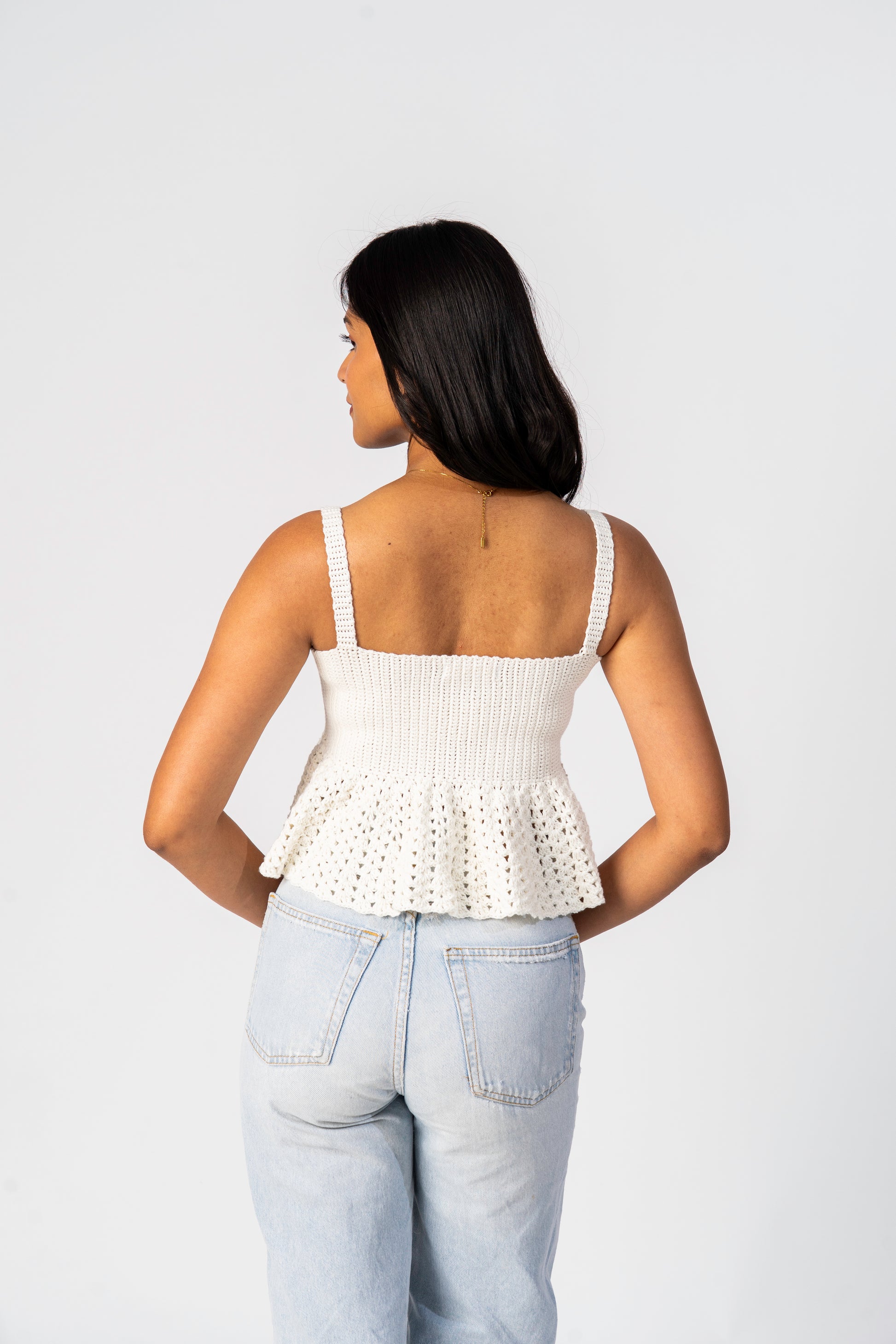 Minimal handmade crochet top in ivory cotton yarn
