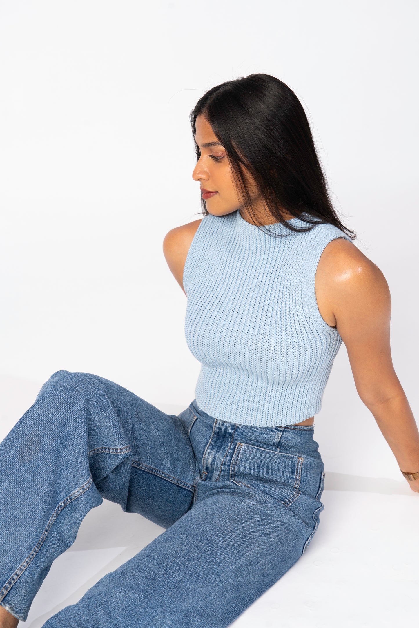 
Side profile of handmade powder blue crochet tank