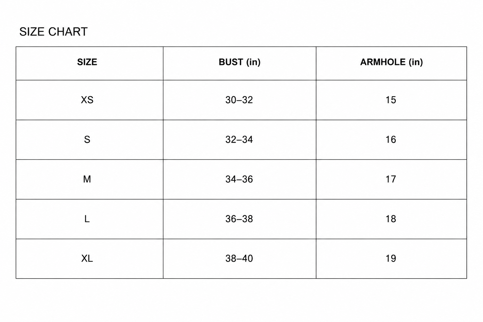 Size chart for clothing with bust and armhole measurements in inches.