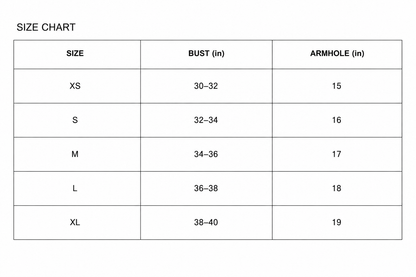 Size chart for clothing with bust and armhole measurements in inches.