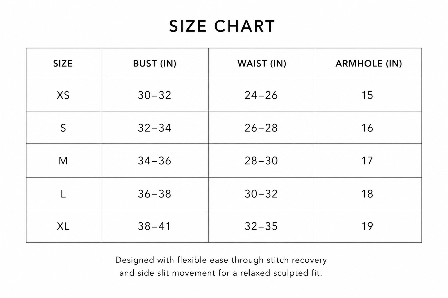 Size chart for clothing with measurements in inches
