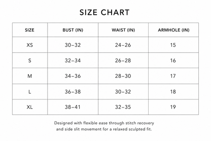 Size chart for clothing with measurements in inches