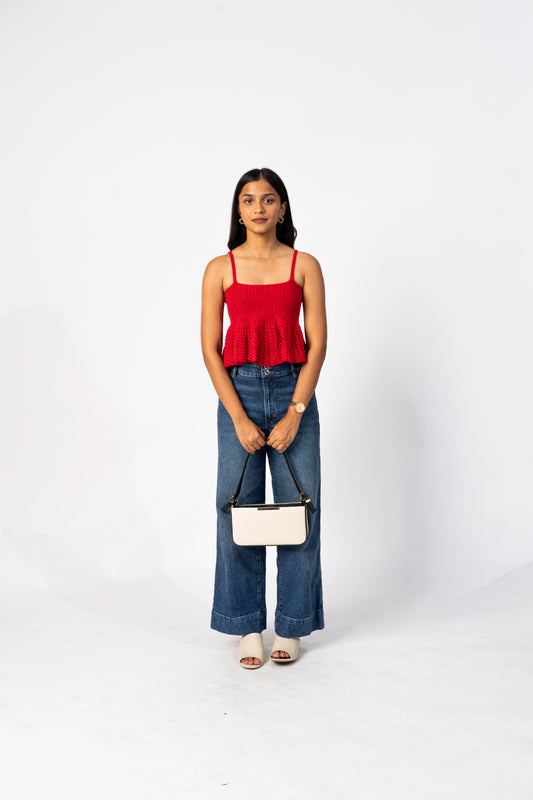 Model wearing Soufflé flared crochet top by Ritika Dacha