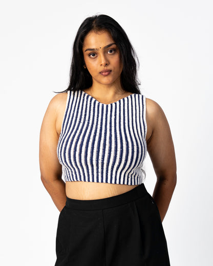 Model wearing Verso back tie crochet top by Ritika Dacha close up